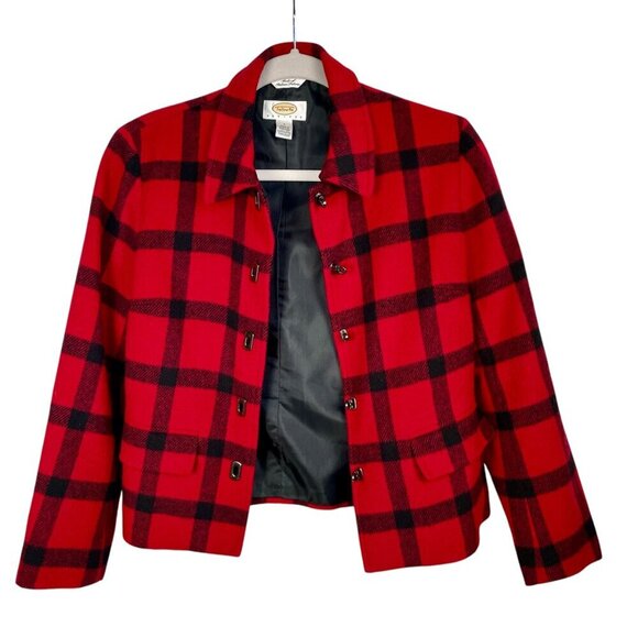 Talbots Wool Blend Red & Black Plaid Blazer Silver Toggle Buttons Womens 2P Prep - Picture 1 of 16
